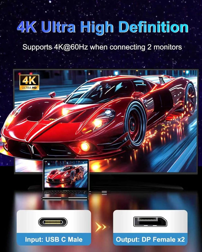Anehmeta محول USB C إلى Dual DisplayPort، موزع Display Port بدقة 4K@60Hz لشاشتين، محول Type C إلى DP لشاشتين متوافقة مع Dell XPS 13 15، Lenovo Yoga، Sumsung Chromebook، HP وغيرها - Image 2